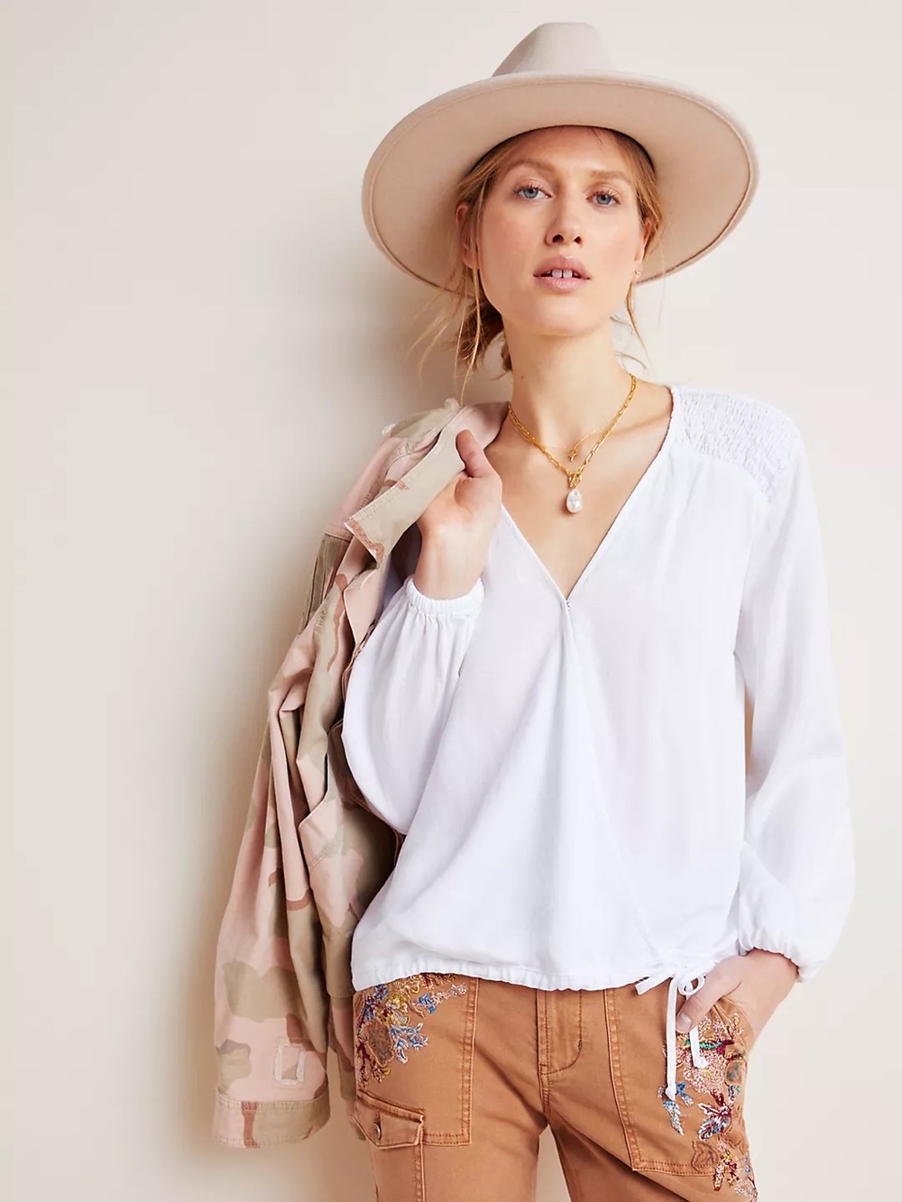 Anthropologie Cloth & Stone Smocked Surplice Blouse White S